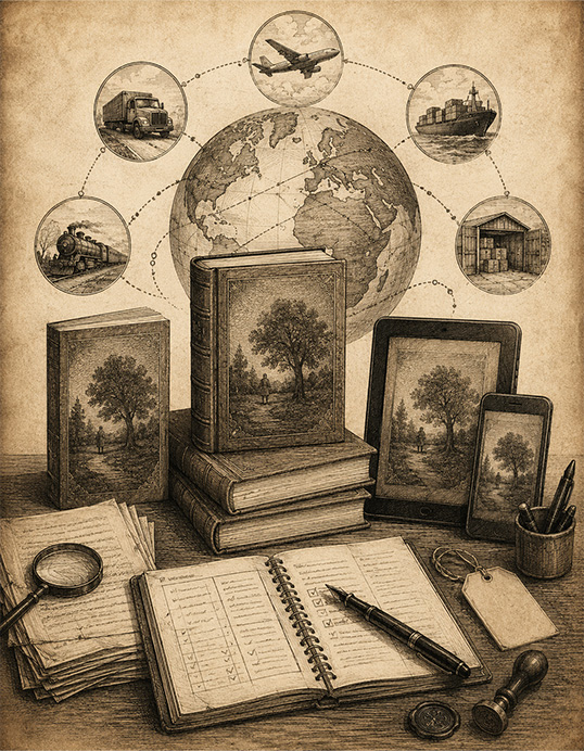 A vintage engraving of a globe surrounded by shipping, freight and print distribution icons, with finished books in print, tablet and phone formats
